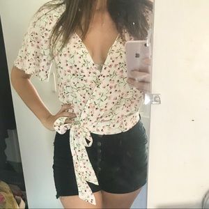 White and Pink Floral ZARA Side Tie Blouse